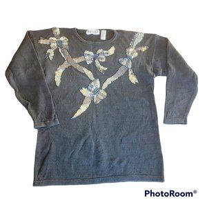 Trimmings New Years Silver Vintage Retro 90s 80s Sequined Beaded Bow Sweater M